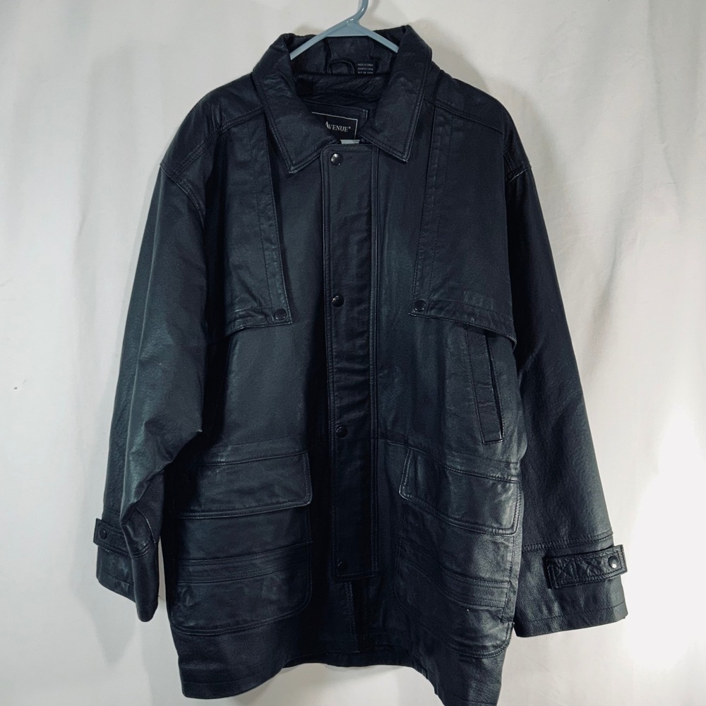 Vintage Seventh Avenue Mens Black Leather Jacket Snap Button Zip Up‎ Utility  XL